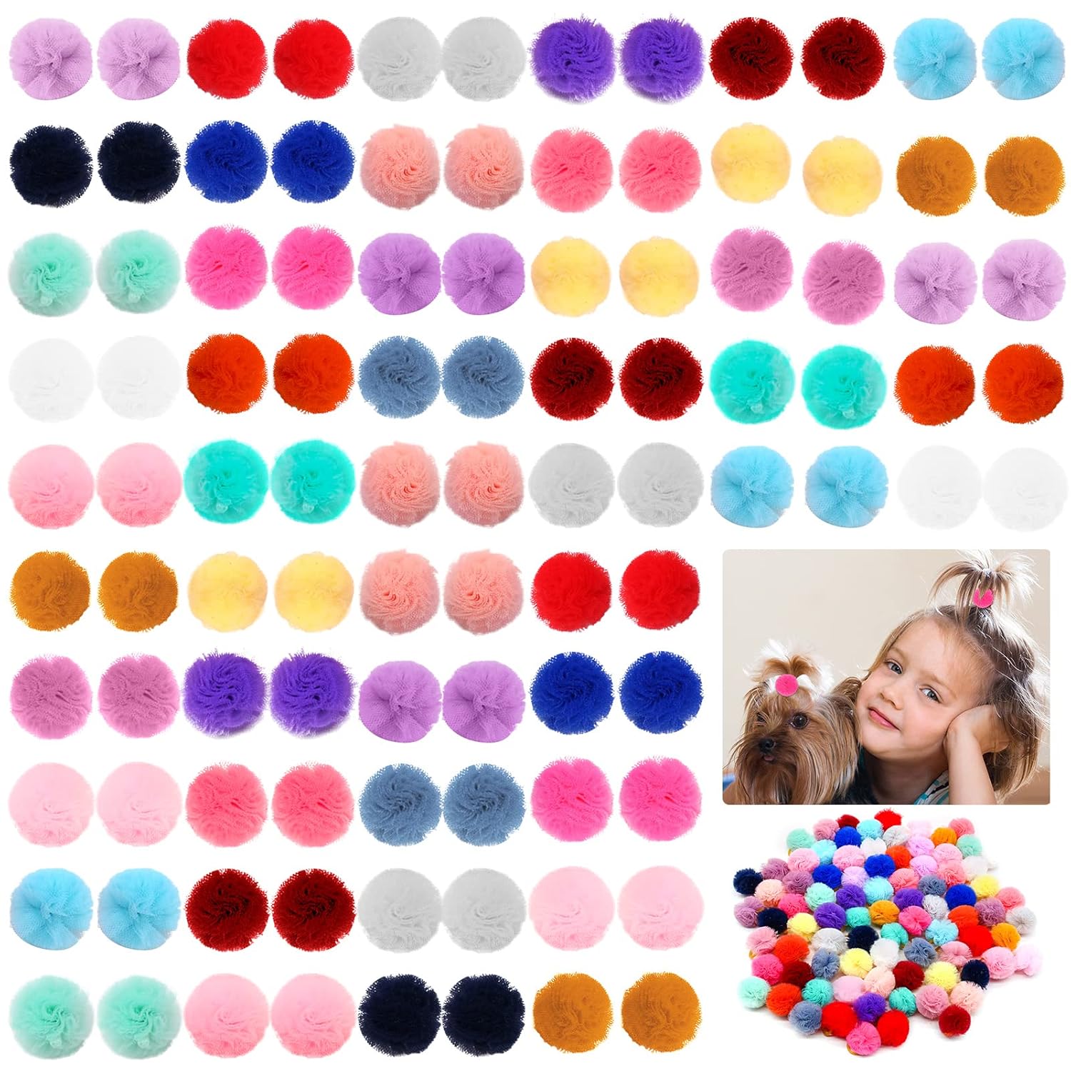 100pcs Cute Round Dog Hair Bows with Rubber Bands, Varies Colored Puff Ball Dog Grooming Bows Lace Fabric, Handmade Dog Hair Bows for Pet Puppy Dog Hair Bowknot Accessories (FL013-100PCS)