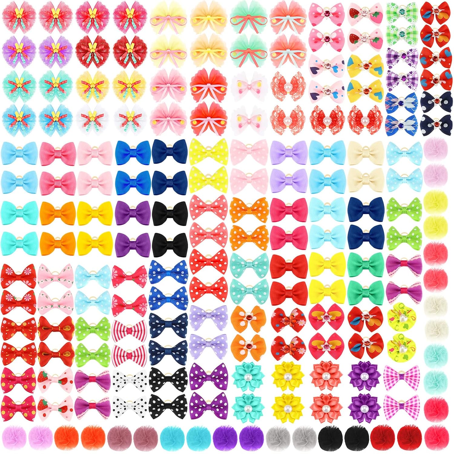 Hillban 200 Pcs - 100 Pairs Dog Bows with Rubber Bands Bulk Small Dog Hair Bows Multicolor Dog Grooming Bows Cute Dog Hair Accessories Puppy Bowknot for Puppy Hair Decor